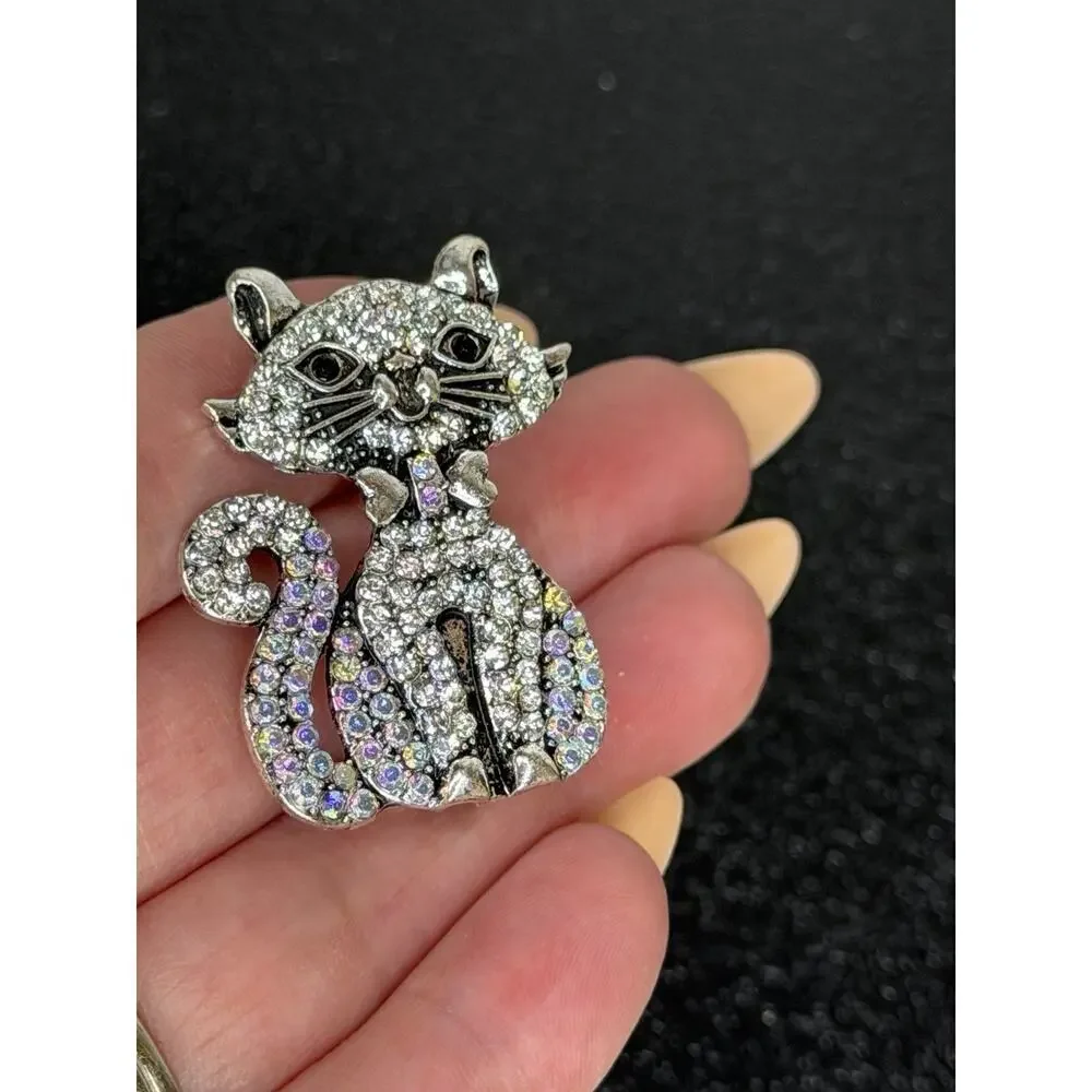 Vintage AURORA BOREALIS CRYSTAL & Rhinestone CAT BROOCH Kitty Pin